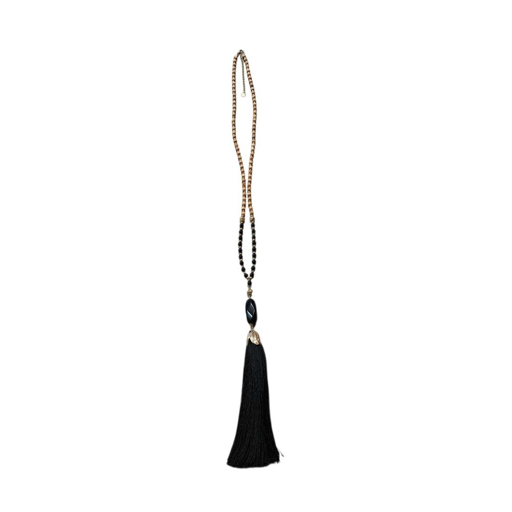 Vera Bradley Long Tassel Statement Necklace Wood Black Beads Boho Gold Tone Tag